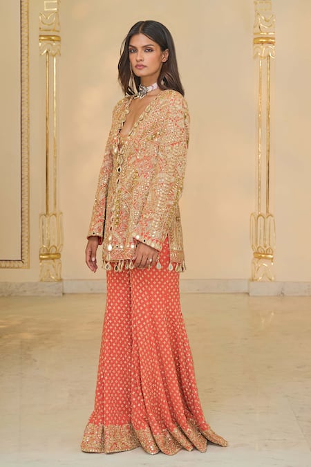 Shop Arpita Mehta Coral Georgette Embroidery, Mirrors, Sequins, Linear Jacket Blouse And Sharara Set Online at Aza Fashions Shop_Arpita Mehta_Coral Georgette Embroidery, Mirrors, Sequins, Linear Jacket Blouse And Sharara Set _Online_at_Aza_Fashions
