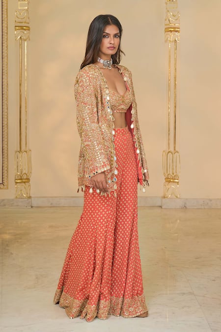 Arpita Mehta Coral Georgette Embroidery, Mirrors, Sequins, Linear Jacket Blouse And Sharara Set at Aza Fashions Arpita Mehta_Coral Georgette Embroidery, Mirrors, Sequins, Linear Jacket Blouse And Sharara Set _at_Aza_Fashions