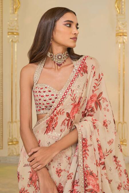 Arpita Mehta_Beige Organza, Net Mirrors, Embroidery, Sequins Bloom Print Sari Set With Hand _Online_at_Aza_Fashions