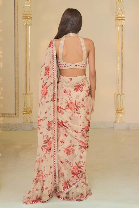 Arpita Mehta Bloom Print Organza Sari Set With Hand Embroidery 