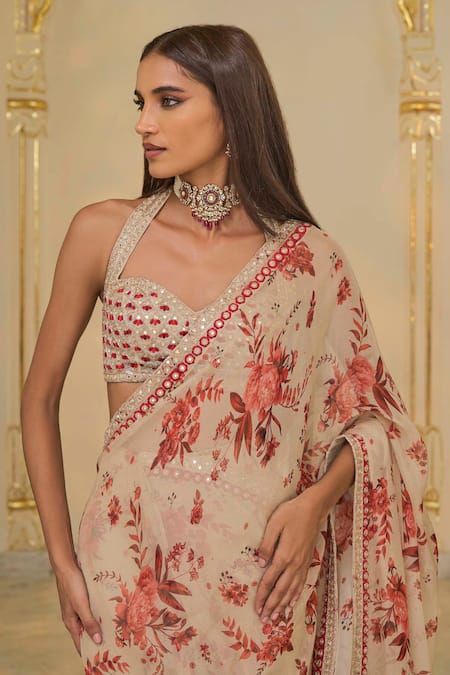 Arpita Mehta_Beige Organza, Net Mirrors, Embroidery, Sequins Bloom Print Sari Set With Hand _at_Aza_Fashions