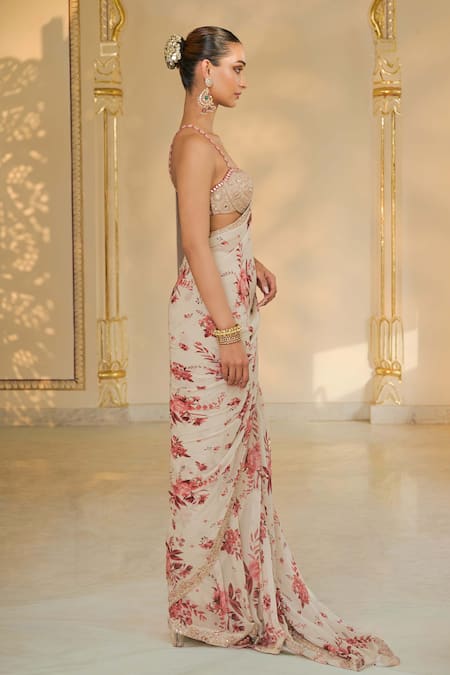 Arpita Mehta Beige Georgette, Net Embroidery, Sequins, Beads Sweetheart Bloom Print Sari Set Online at Aza Fashions Arpita Mehta_Beige Georgette, Net Embroidery, Sequins, Beads Sweetheart Bloom Print Sari Set _Online_at_Aza_Fashions