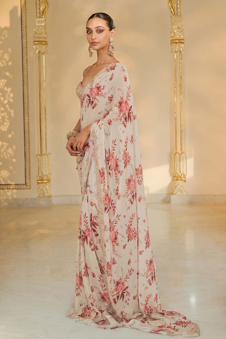 Buy Arpita Mehta Beige Georgette, Net Embroidery, Sequins, Beads Sweetheart Bloom Print Sari Set Online at Aza Fashions Buy_Arpita Mehta_Beige Georgette, Net Embroidery, Sequins, Beads Sweetheart Bloom Print Sari Set _Online_at_Aza_Fashions