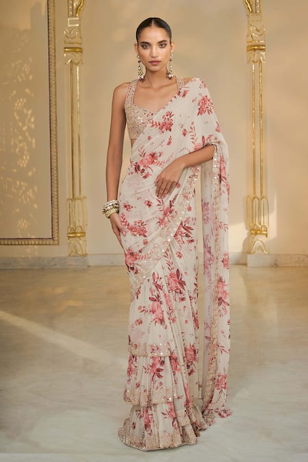 Arpita Mehta Bloom Print Tiered Sari & Embroidered Blouse 