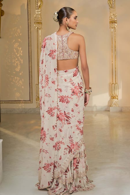 Arpita Mehta Bloom Print Tiered Sari & Embroidered Blouse 