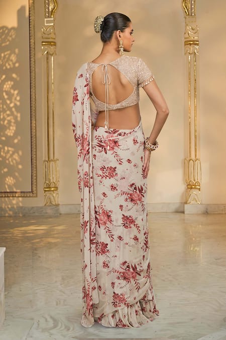 Arpita Mehta Bloom Print Ruffle Sari & Hand Embroidered Blouse 