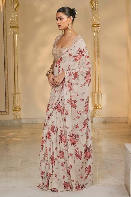 Arpita Mehta_Beige Georgette, Net Ruffles, Sequins, Beads, Bloom Print Sari And Hand Blouse _Online_at_Aza_Fashions