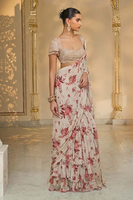 Buy_Arpita Mehta_Beige Georgette, Net Ruffles, Sequins, Beads, Bloom Print Sari And Hand Blouse _Online_at_Aza_Fashions