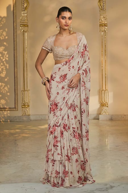 Arpita Mehta Bloom Print Ruffle Sari & Hand Embroidered Blouse 