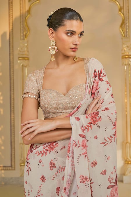 Shop_Arpita Mehta_Beige Georgette, Net Ruffles, Sequins, Beads, Bloom Print Sari And Hand Blouse _Online_at_Aza_Fashions