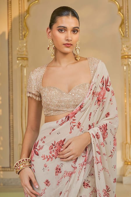 Arpita Mehta_Beige Georgette, Net Ruffles, Sequins, Beads, Bloom Print Sari And Hand Blouse _at_Aza_Fashions