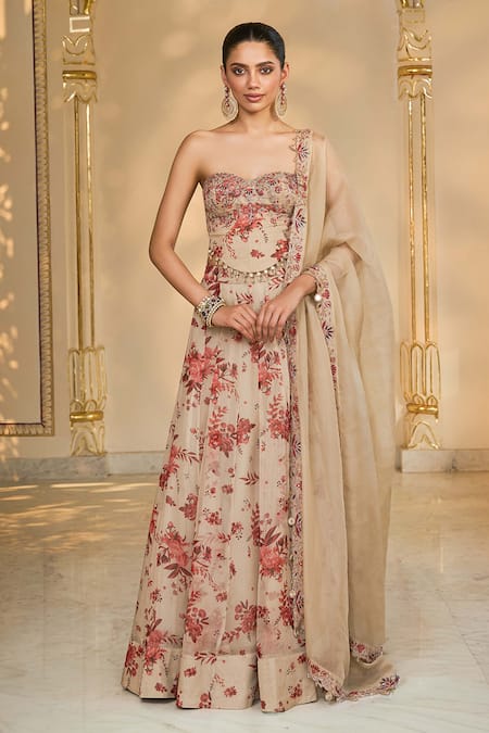 Arpita Mehta_Rose Gold Organza Embroidery, Sequins Sweetheart Neck Bloom Print Lehenga Set _Online_at_Aza_Fashions