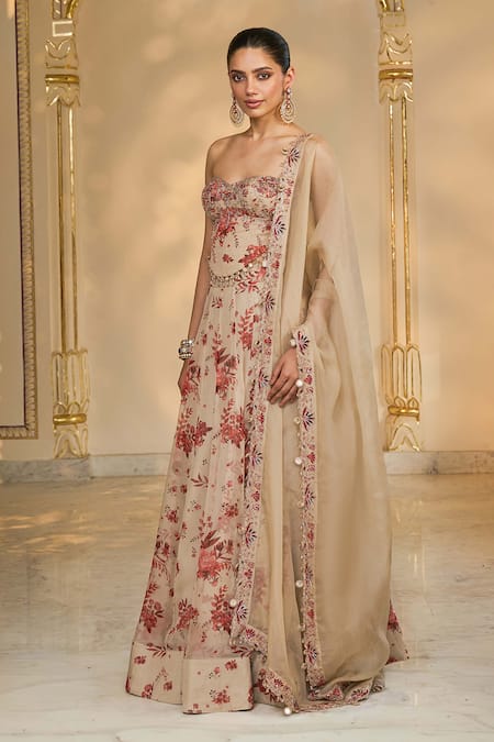 Buy_Arpita Mehta_Rose Gold Organza Embroidery, Sequins Sweetheart Neck Bloom Print Lehenga Set _Online_at_Aza_Fashions