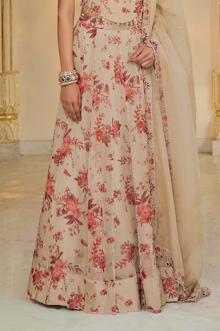 Arpita Mehta_Rose Gold Organza Embroidery, Sequins Sweetheart Neck Bloom Print Lehenga Set _at_Aza_Fashions