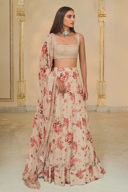 Arpita Mehta_Rose Gold Net, Organza Embroidery, Sequins, Foil Printing Bloom Lehenga Set _Online_at_Aza_Fashions