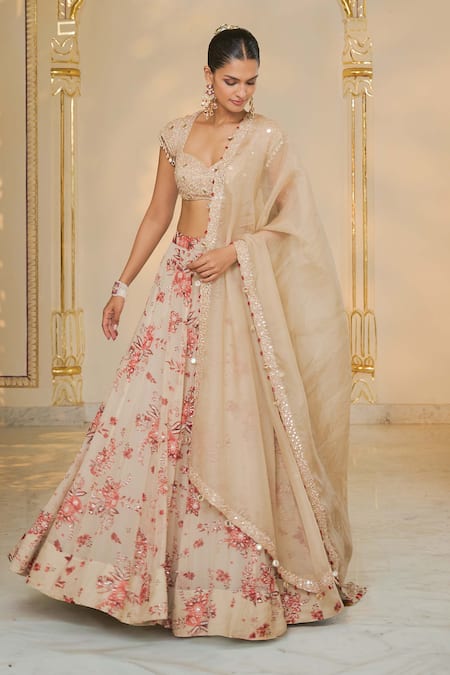Arpita Mehta_Beige Organza, Net Foil Printing, Red Bloom Printed Lehenga Set With Blouse _Online_at_Aza_Fashions