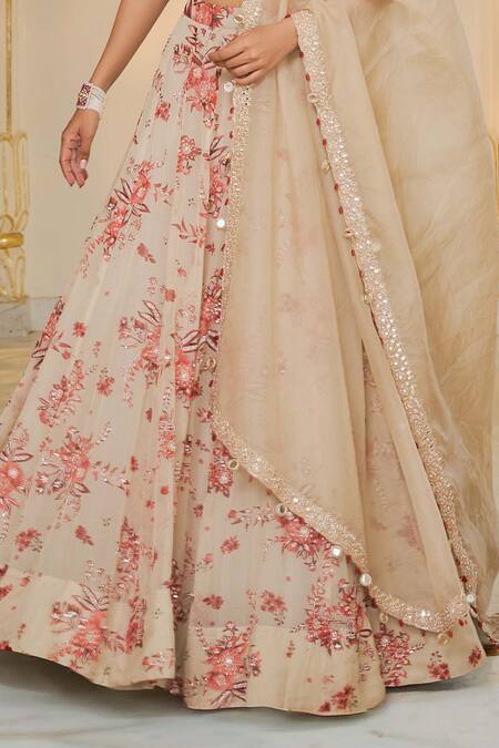 Buy_Arpita Mehta_Beige Organza, Net Foil Printing, Red Bloom Printed Lehenga Set With Blouse _Online_at_Aza_Fashions