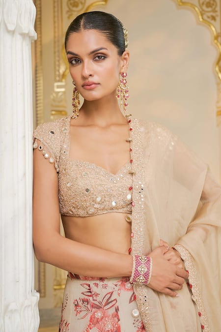 Arpita Mehta_Beige Organza, Net Foil Printing, Red Bloom Printed Lehenga Set With Blouse _at_Aza_Fashions