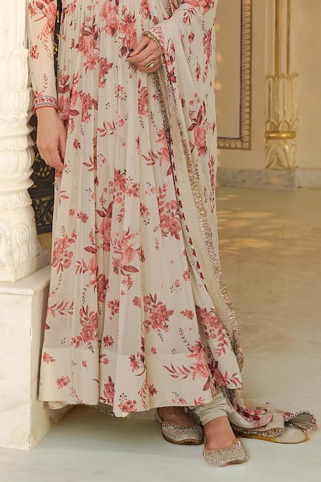 Arpita Mehta_Beige Georgette, Cotton, Silk Red Bloom Print And Rose Gold Anarkali Set _Online_at_Aza_Fashions