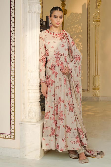 Arpita Mehta Red Bloom Print & Rose Gold Embroidered Anarkali Set 