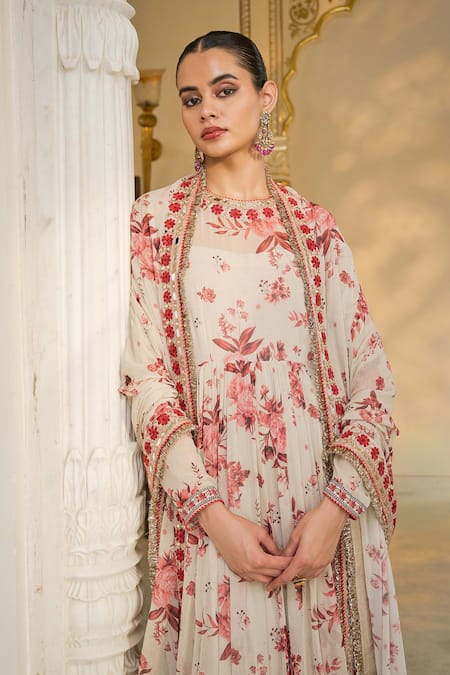 Buy_Arpita Mehta_Beige Georgette, Cotton, Silk Red Bloom Print And Rose Gold Anarkali Set _Online_at_Aza_Fashions