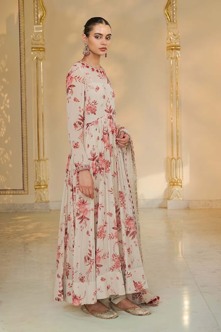 Shop_Arpita Mehta_Beige Georgette, Cotton, Silk Red Bloom Print And Rose Gold Anarkali Set _Online_at_Aza_Fashions