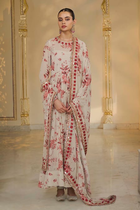 Arpita Mehta_Beige Georgette, Cotton, Silk Red Bloom Print And Rose Gold Anarkali Set _at_Aza_Fashions