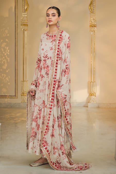 Buy_Arpita Mehta_Beige Georgette, Cotton, Silk Red Bloom Print And Rose Gold Anarkali Set 