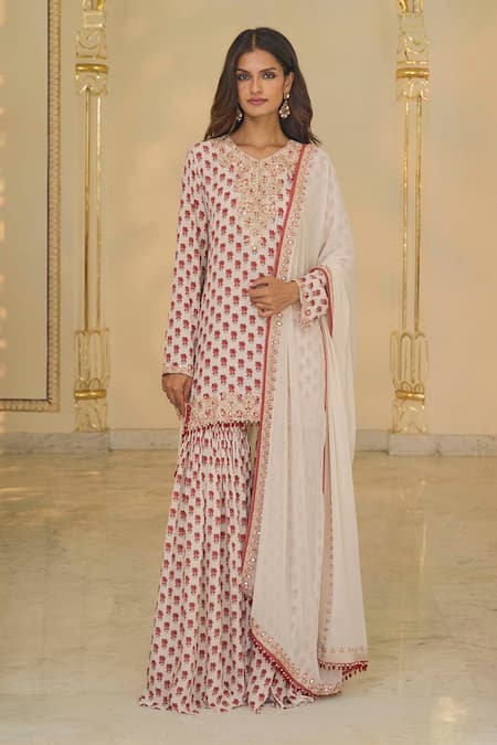 Arpita Mehta Beige Crepe, Georgette Embroidery, Mirrors, Bloom Butti Print Kurta Gharara Set Online at Aza Fashions Arpita Mehta_Beige Crepe, Georgette Embroidery, Mirrors, Bloom Butti Print Kurta Gharara Set _Online_at_Aza_Fashions
