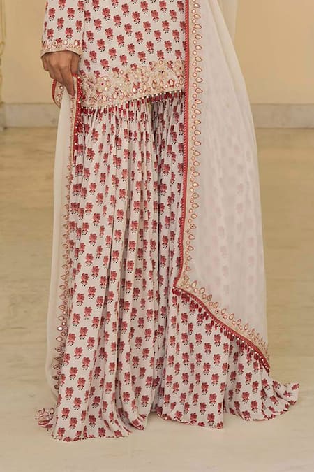 Buy Arpita Mehta Beige Crepe, Georgette Embroidery, Mirrors, Bloom Butti Print Kurta Gharara Set Online at Aza Fashions Buy_Arpita Mehta_Beige Crepe, Georgette Embroidery, Mirrors, Bloom Butti Print Kurta Gharara Set _Online_at_Aza_Fashions