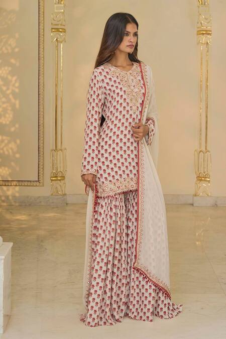 Shop Arpita Mehta Beige Crepe, Georgette Embroidery, Mirrors, Bloom Butti Print Kurta Gharara Set Online at Aza Fashions Shop_Arpita Mehta_Beige Crepe, Georgette Embroidery, Mirrors, Bloom Butti Print Kurta Gharara Set _Online_at_Aza_Fashions