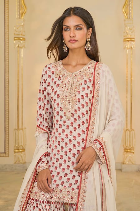 Arpita Mehta Beige Crepe, Georgette Embroidery, Mirrors, Bloom Butti Print Kurta Gharara Set at Aza Fashions Arpita Mehta_Beige Crepe, Georgette Embroidery, Mirrors, Bloom Butti Print Kurta Gharara Set _at_Aza_Fashions