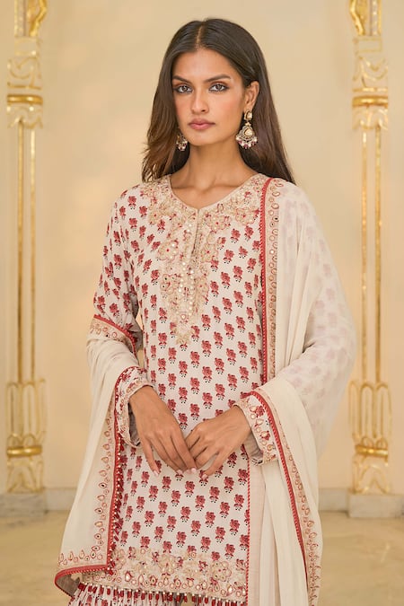 Buy Arpita Mehta Beige Crepe, Georgette Embroidery, Mirrors, Bloom Butti Print Kurta Gharara Set Buy_Arpita Mehta_Beige Crepe, Georgette Embroidery, Mirrors, Bloom Butti Print Kurta Gharara Set