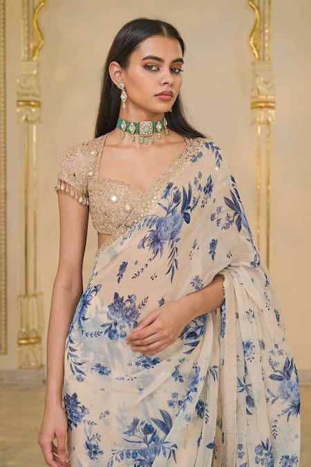 Arpita Mehta_Beige Organza, Net Sequins, Stones, Bloom Print And Rose Gold Sari Set _Online_at_Aza_Fashions
