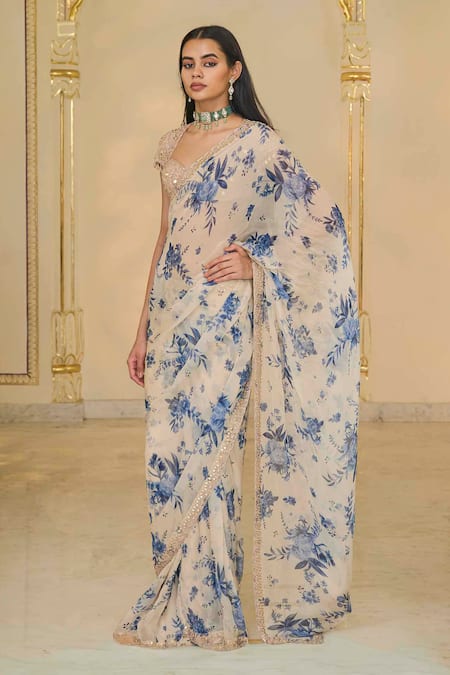Shop_Arpita Mehta_Beige Organza, Net Sequins, Stones, Bloom Print And Rose Gold Sari Set _Online_at_Aza_Fashions