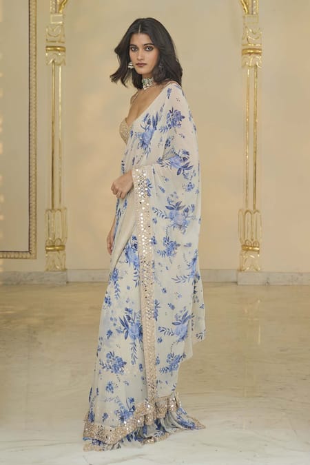 Arpita Mehta_Beige Georgette, Net Embroidery, Bloom Print Tiered Saree And Hand Blouse _Online_at_Aza_Fashions