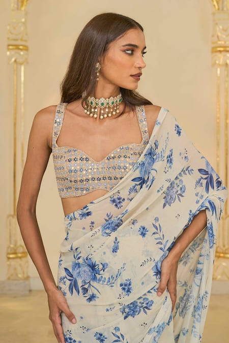 Shop_Arpita Mehta_Beige Georgette, Net Ruffles, Embroidery Bloom Print Saree And Hand Blouse _Online_at_Aza_Fashions