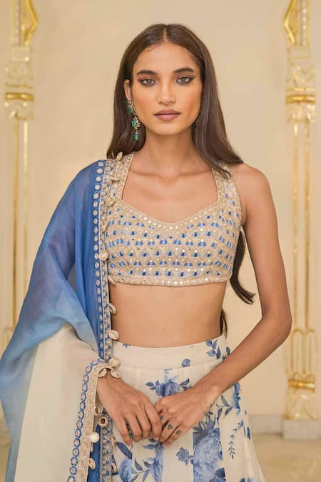 Arpita Mehta_Beige Organza, Net Embroidery, Mirrors, Beads Halter Bloom Print Lehenga Set _Online_at_Aza_Fashions
