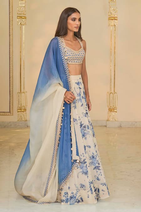 Buy_Arpita Mehta_Beige Organza, Net Embroidery, Mirrors, Beads Halter Bloom Print Lehenga Set _Online_at_Aza_Fashions