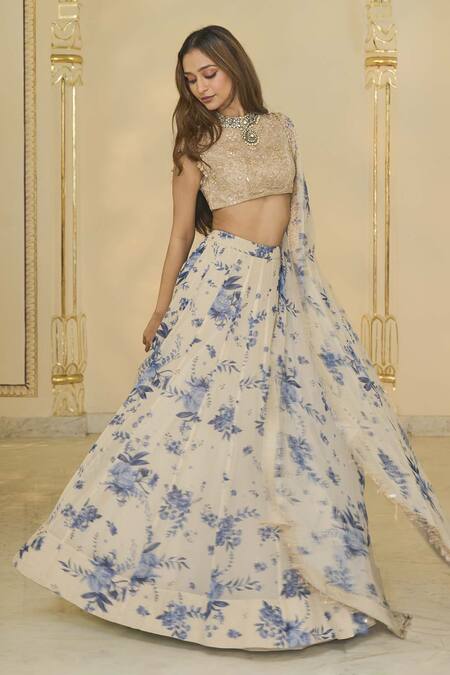 Arpita Mehta_Beige Organza, Net Sequins, Stones, Embroidery Round Bloom Print Lehenga Set _Online_at_Aza_Fashions