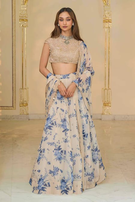 Buy_Arpita Mehta_Beige Organza, Net Sequins, Stones, Embroidery Round Bloom Print Lehenga Set _Online_at_Aza_Fashions