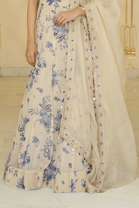 Arpita Mehta Beige Organza, Net Embroidery, Sequins, Bloom Print Lehenga Set With Blouse Online at Aza Fashions Arpita Mehta_Beige Organza, Net Embroidery, Sequins, Bloom Print Lehenga Set With Blouse _Online_at_Aza_Fashions