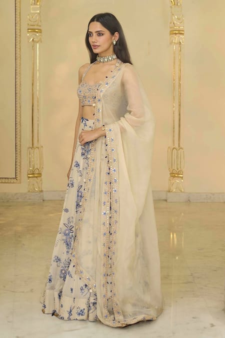 Shop Arpita Mehta Beige Organza, Net Embroidery, Sequins, Bloom Print Lehenga Set With Blouse Online at Aza Fashions Shop_Arpita Mehta_Beige Organza, Net Embroidery, Sequins, Bloom Print Lehenga Set With Blouse _Online_at_Aza_Fashions
