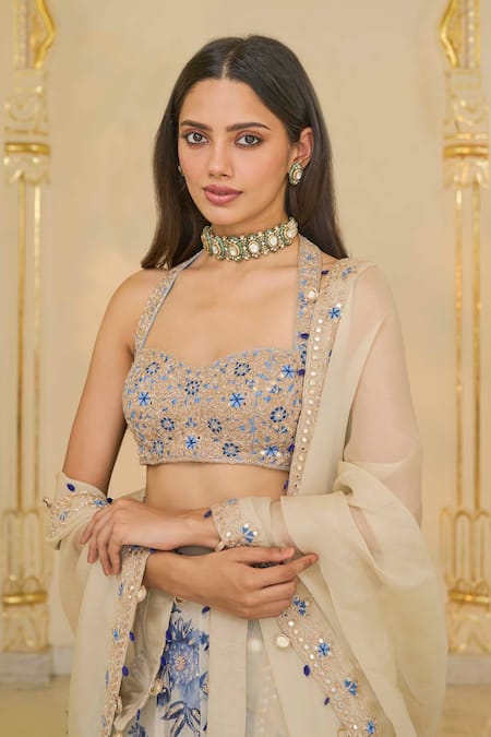 Arpita Mehta Beige Organza, Net Embroidery, Sequins, Bloom Print Lehenga Set With Blouse at Aza Fashions Arpita Mehta_Beige Organza, Net Embroidery, Sequins, Bloom Print Lehenga Set With Blouse _at_Aza_Fashions