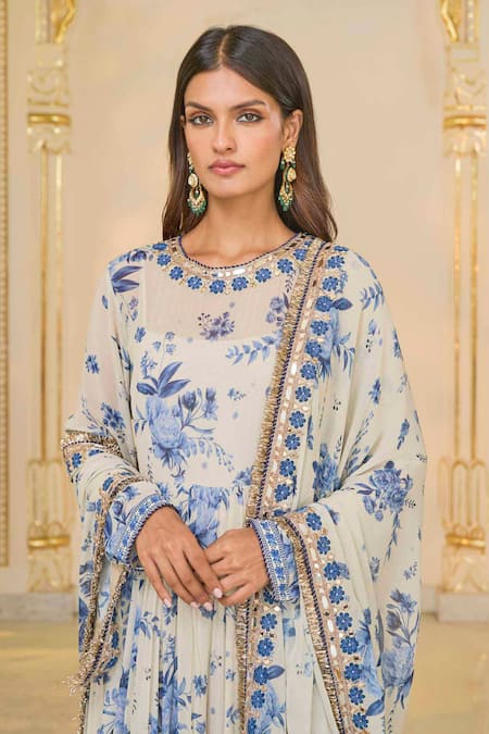 Arpita Mehta_Beige Georgette Embroidery, Sequins Round Bloom Print Anarkali Set With Hand _Online_at_Aza_Fashions
