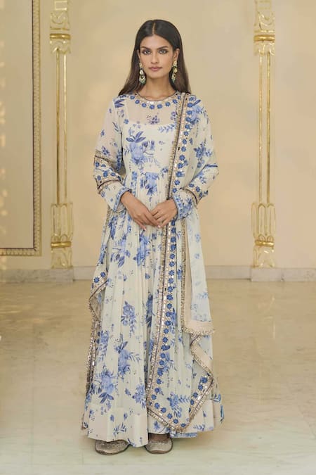 Arpita Mehta Bloom Print Anarkali Set With Hand Embroidery 