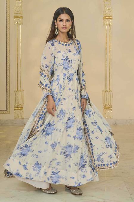 Buy_Arpita Mehta_Beige Georgette Embroidery, Sequins Round Bloom Print Anarkali Set With Hand _Online_at_Aza_Fashions