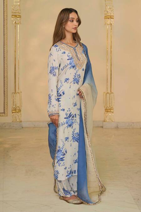 Arpita Mehta_Beige Crepe, Organza Mirrors, Bloom Print Kurta And Pant With Ombre Dupatta _Online_at_Aza_Fashions