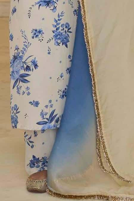 Buy_Arpita Mehta_Beige Crepe, Organza Mirrors, Bloom Print Kurta And Pant With Ombre Dupatta _Online_at_Aza_Fashions