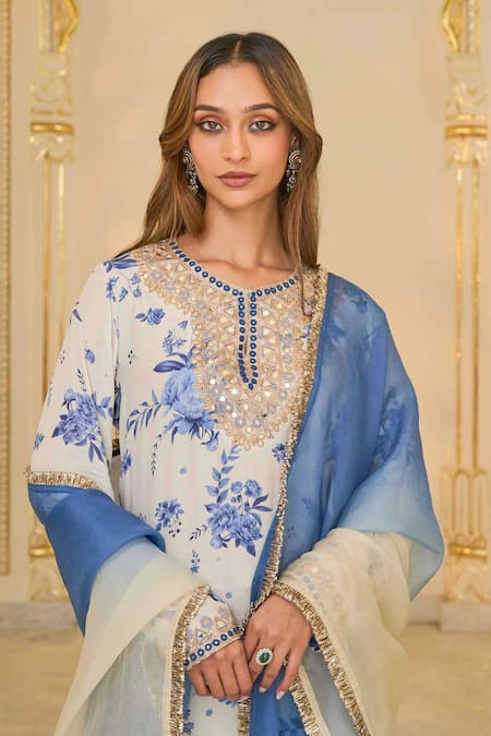 Shop_Arpita Mehta_Beige Crepe, Organza Mirrors, Bloom Print Kurta And Pant With Ombre Dupatta _Online_at_Aza_Fashions